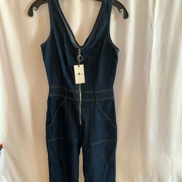 7 for all Mankind Deep V Denim Front Zip Overalls NWT Size XS Wilshire $289 - Picture 3 of 11